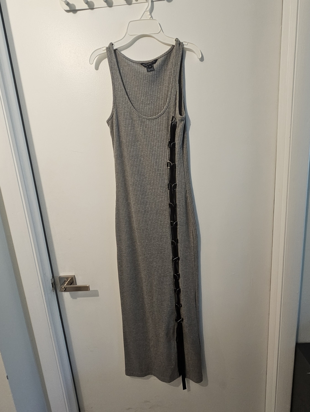 French Connection Gray Ribbed Maxi Dress with Side Buckle Detail